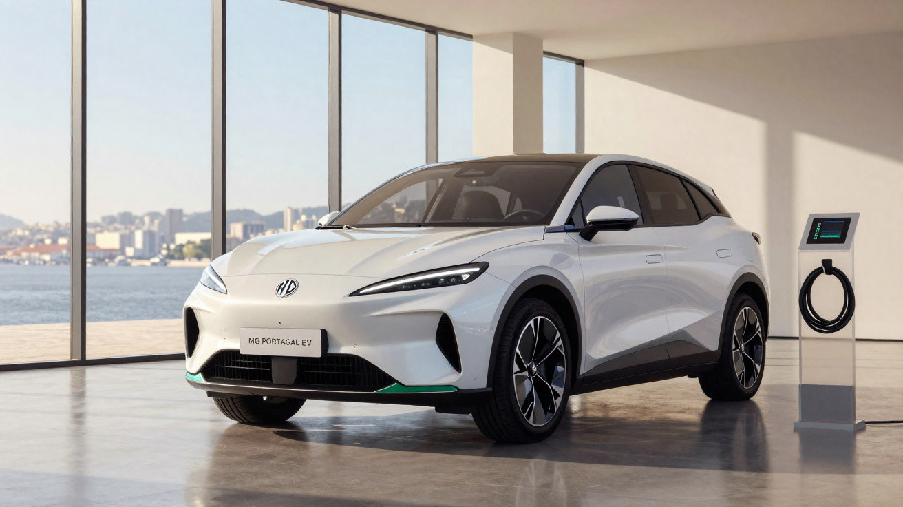 Carro elétrico branco MG Portugal EV estacionado em espaço interno com carregador ao lado e vista para o mar.
