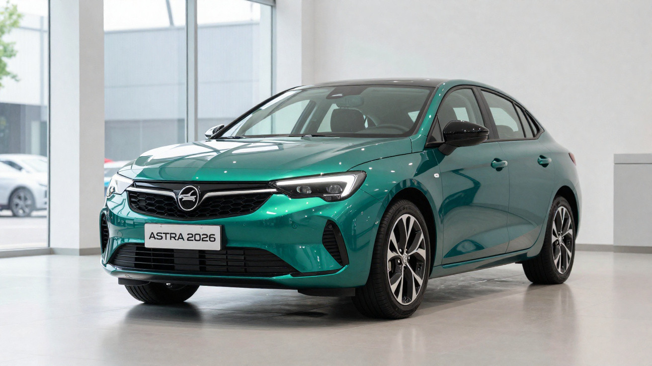 Carro verde modelo Astra 2026 em exibição dentro de showroom moderno e iluminado.