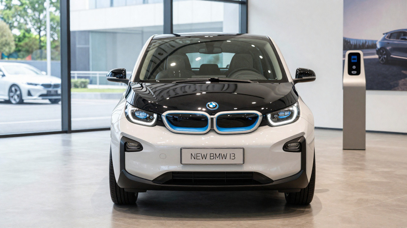 Carro elétrico BMW i3 branco e preto visto de frente em showroom moderno e iluminado.