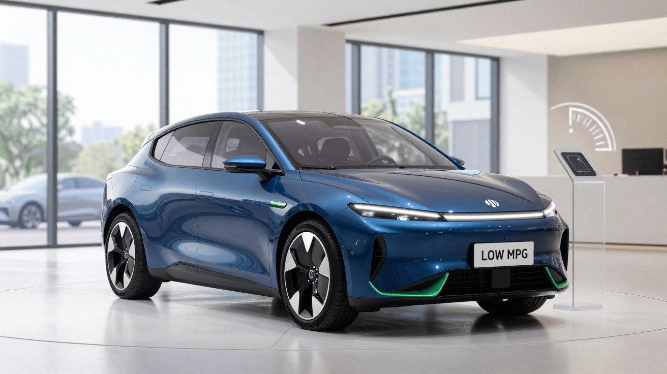 Carro elétrico azul em exposição interna com design moderno e rodas esportivas em ambiente iluminado.