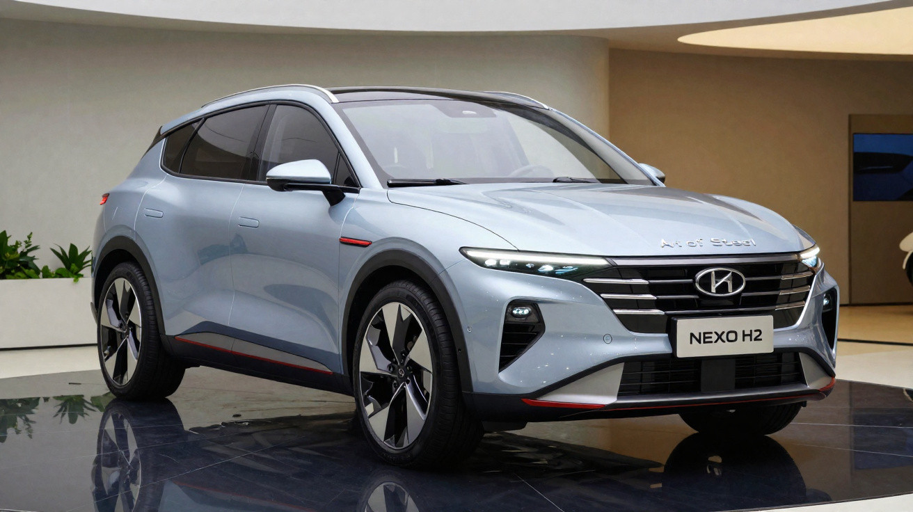 Carro SUV Hyundai NEXO H2 cinza exibido em ambiente interno com piso refletivo.