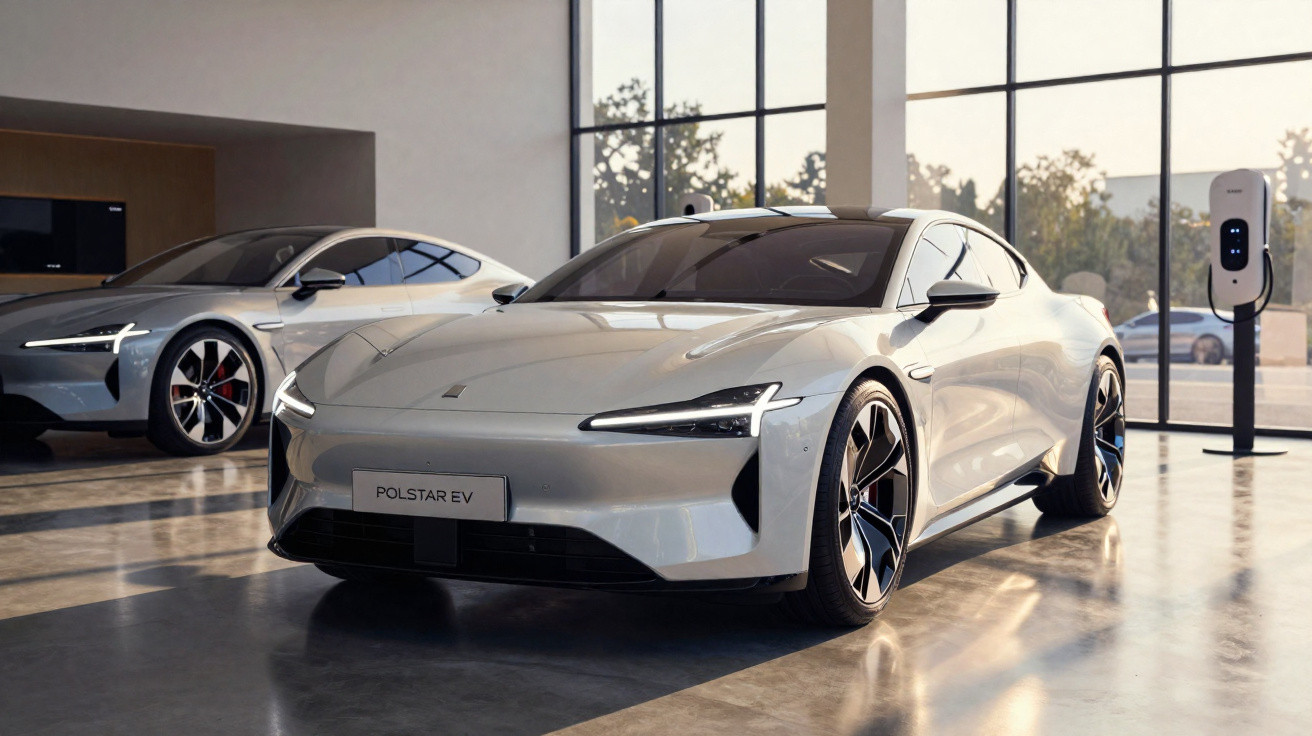 Dois carros elétricos prata Polestar EV em showroom moderno com carregador ao fundo e piso refletivo.