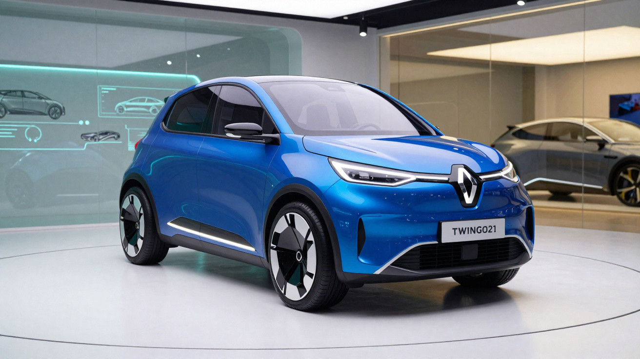 Carro elétrico Renault Twingo 2021 azul exibido em showroom moderno com design futurista.
