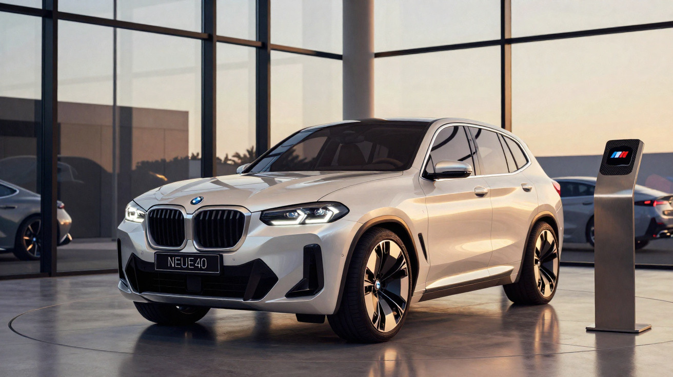 Carro BMW branco modelo Neue40 exposto em showroom moderno com grande janela e suporte digital ao lado.