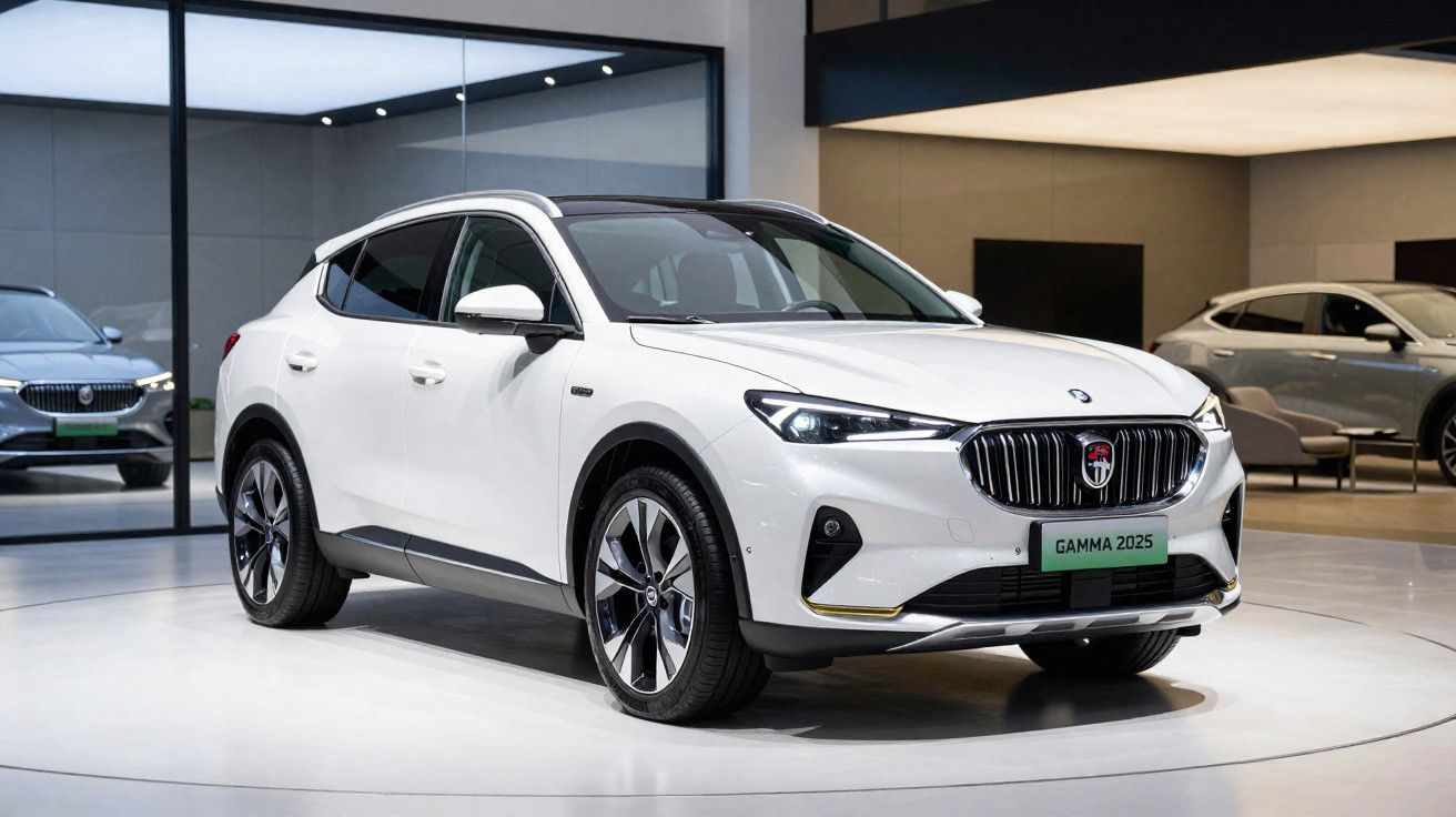 Carro SUV branco moderno exibido em salão de automóveis com iluminação e decoração contemporânea.