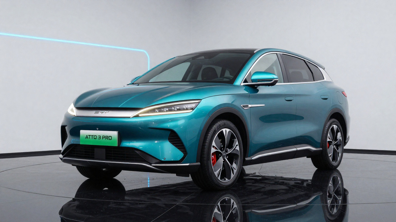 Carro elétrico SUV Atto 3 Pro verde azulado em estúdio com fundo branco e luzes de LED azul.