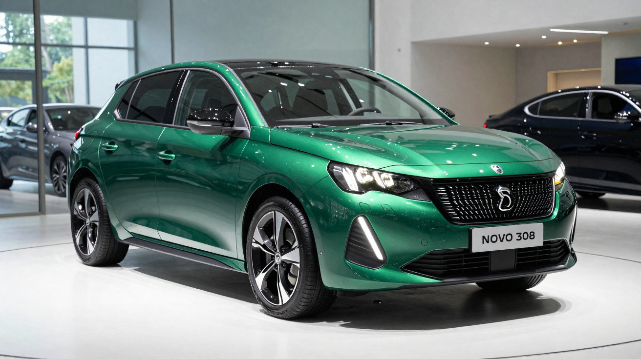 Carro hatchback verde metálico modelo Novo 308 exposto em showroom moderno e iluminado.