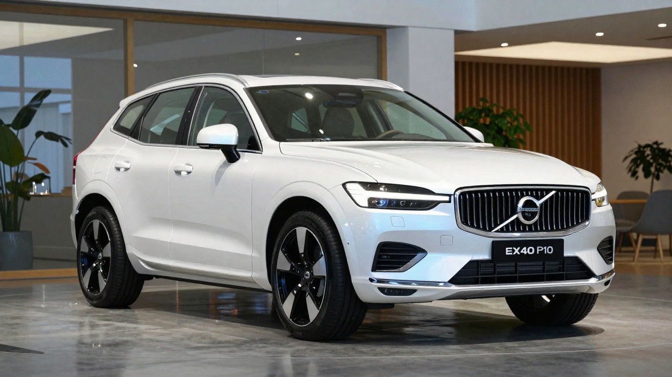 SUV branco da Volvo modelo EX40 P10 estacionado em ambiente interno moderno e iluminado.