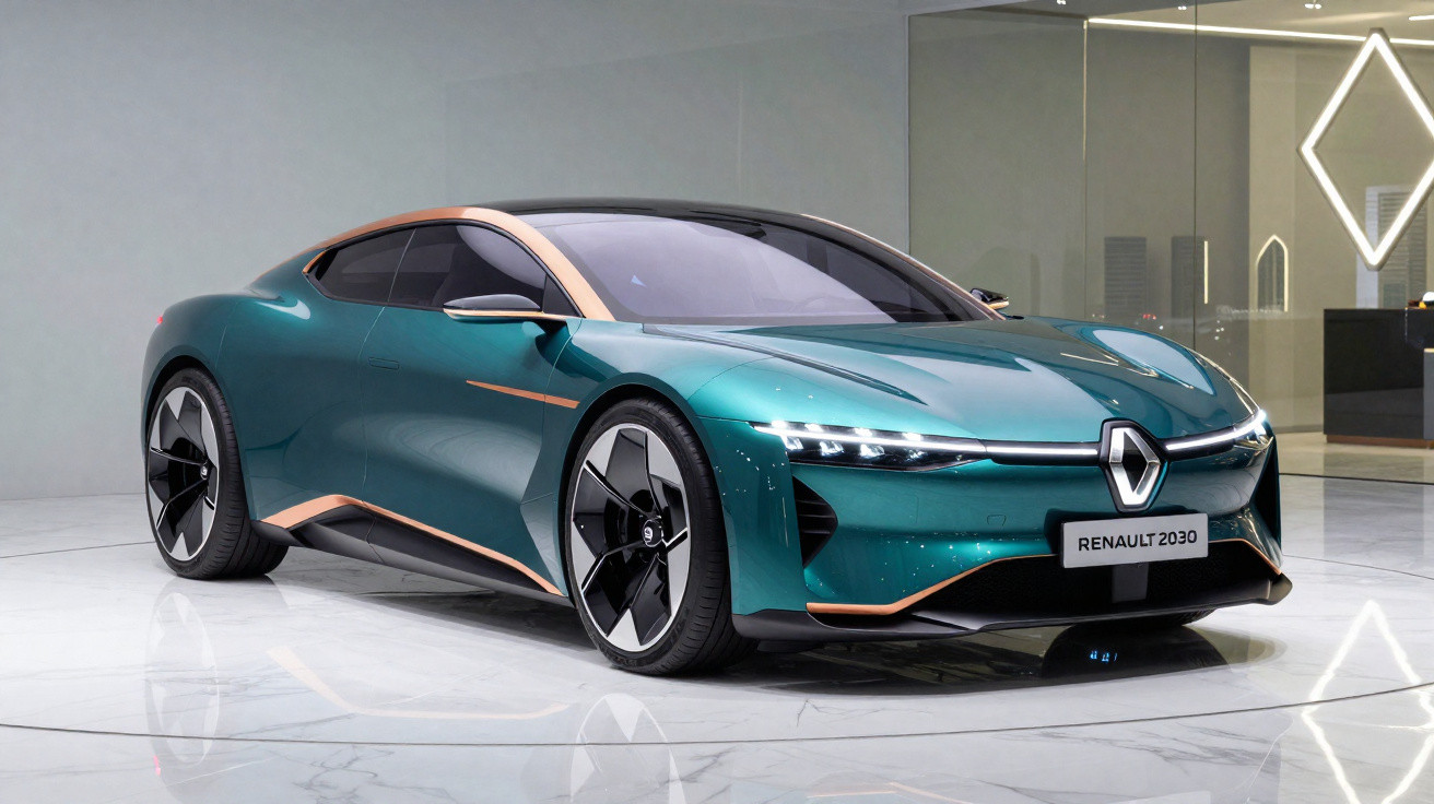 Carro conceito elétrico Renault 2030 na cor verde metálico com detalhes em cobre em ambiente moderno.
