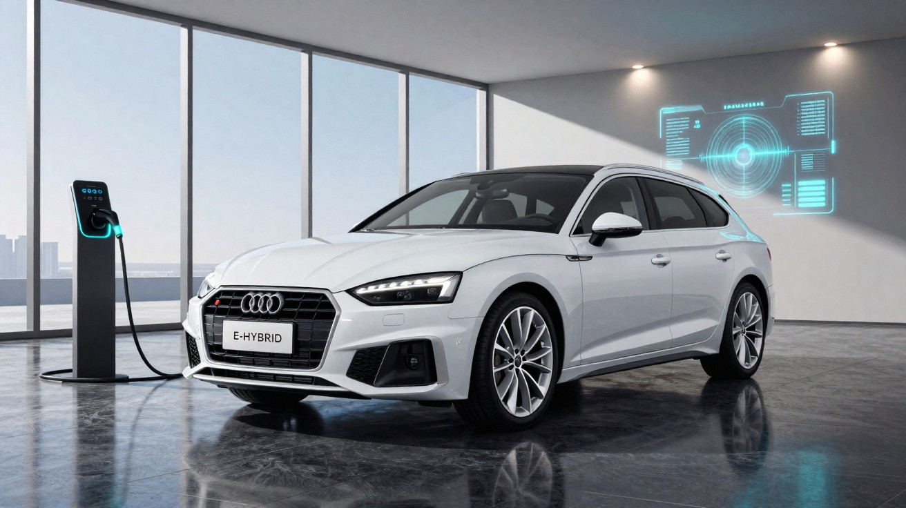 Carro elétrico branco Audi E-Hybrid carregando em estação dentro de garagem moderna com parede cinza.