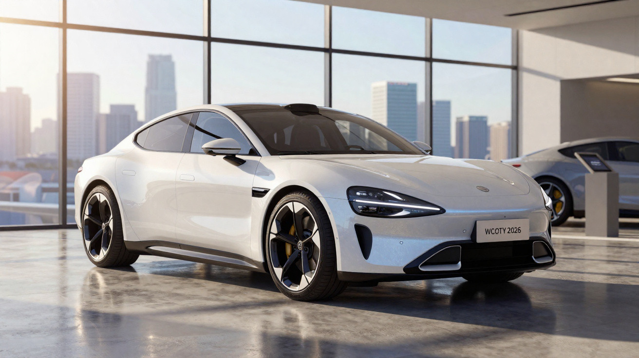 Carro esportivo branco elétrico moderno exibido em showroom com grandes janelas e vista urbana ao fundo.