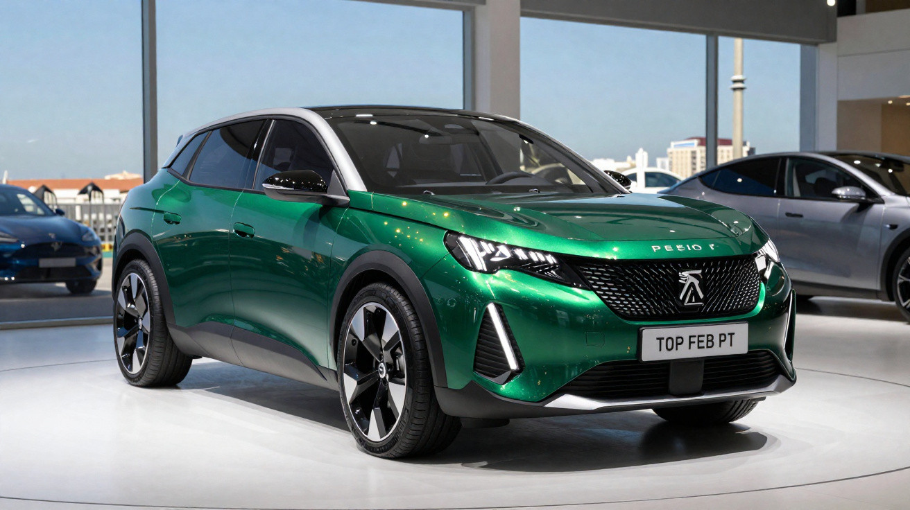 Carro SUV elétrico verde com teto branco exposto em showroom moderno com grandes janelas.