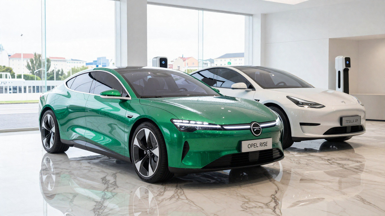 Dois carros elétricos em showroom, um verde Opel Rise e um branco Tesla Model 3, lado a lado.