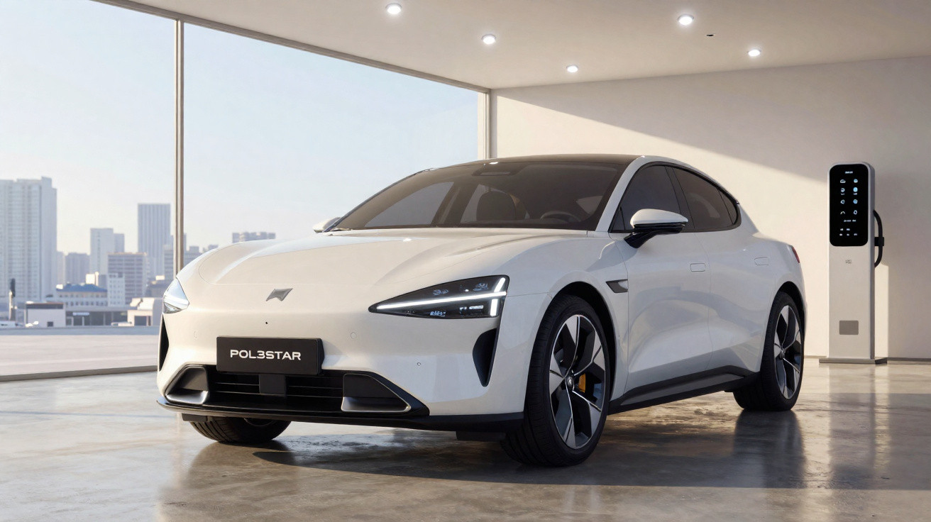Carro elétrico branco Polestar estacionado em garagem moderna com estação de recarga ao fundo.