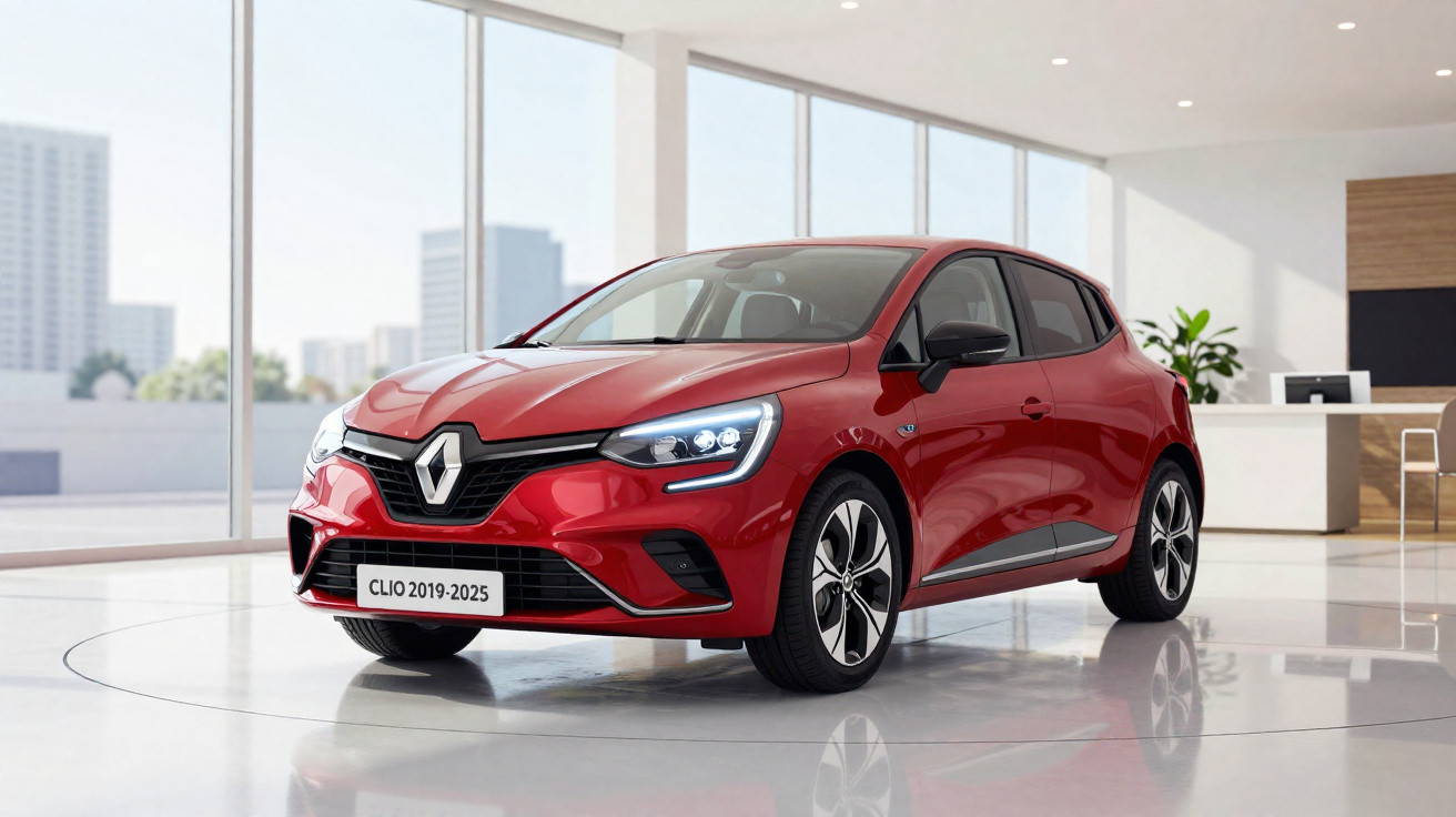 Carro hatch vermelho Renault Clio 2019-2025 em showroom moderno com luz natural e piso branco brilhante.