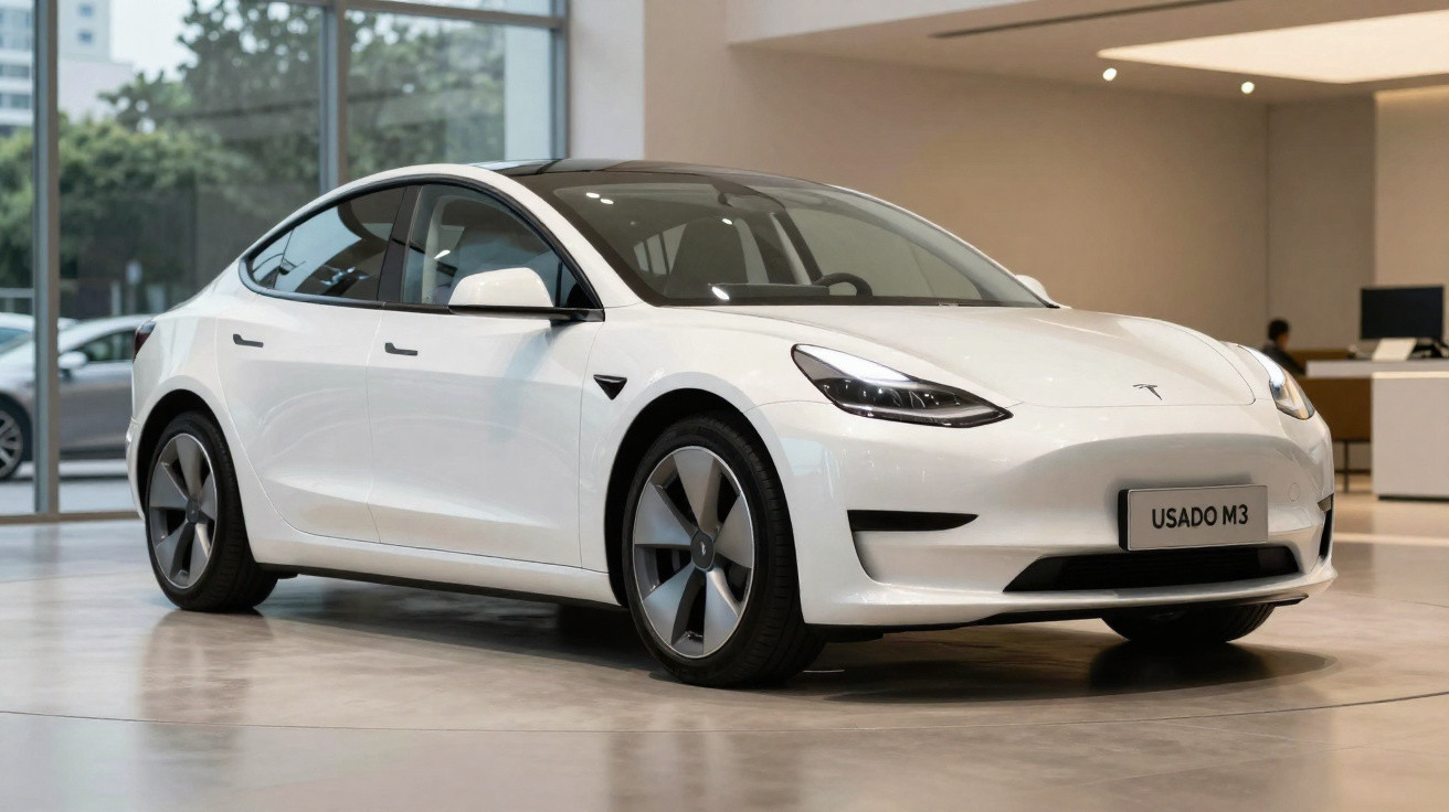 Carro elétrico branco Tesla Modelo 3 estacionado em showroom moderno com piso refletivo.
