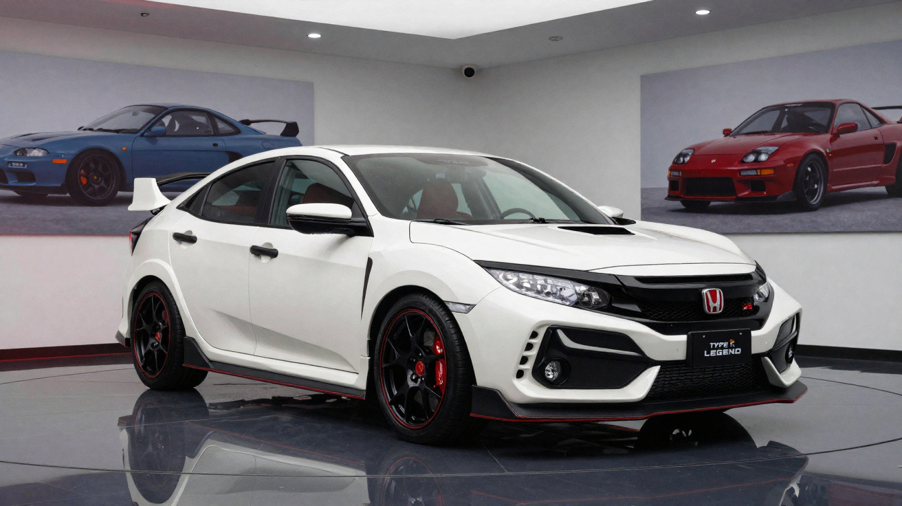 Carro esportivo branco Honda Civic Type R Legend estacionado em showroom com duas fotos de carros na parede.