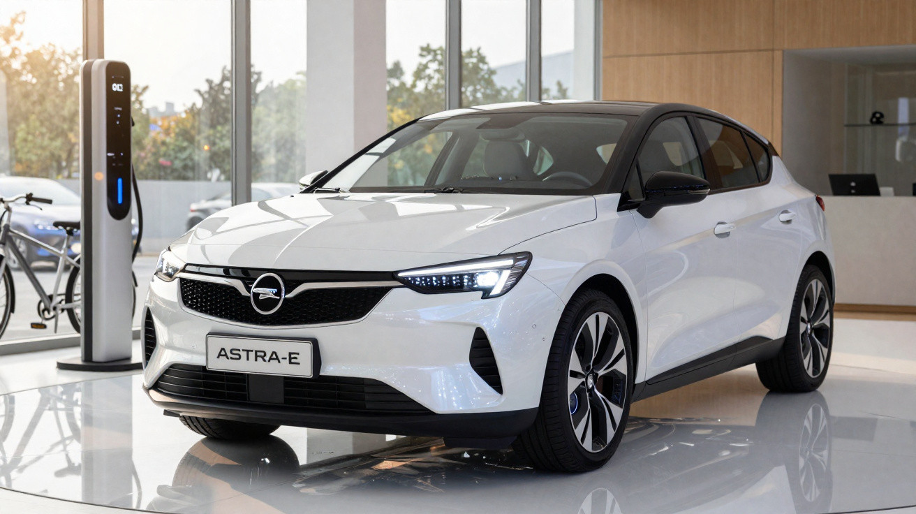 Carro elétrico branco Opel Astra-e estacionado em showroom moderno com estação de recarga ao lado.