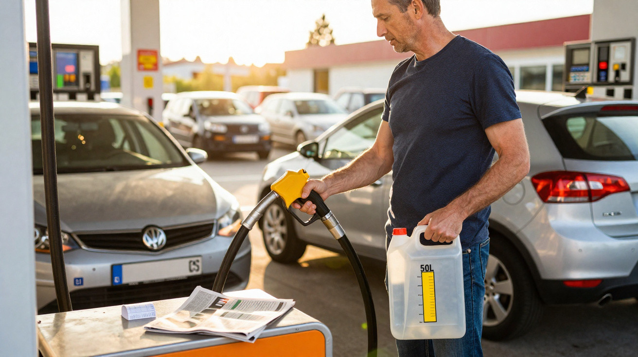 Homem abastecendo galão de combustível em posto de gasolina ao pôr do sol.