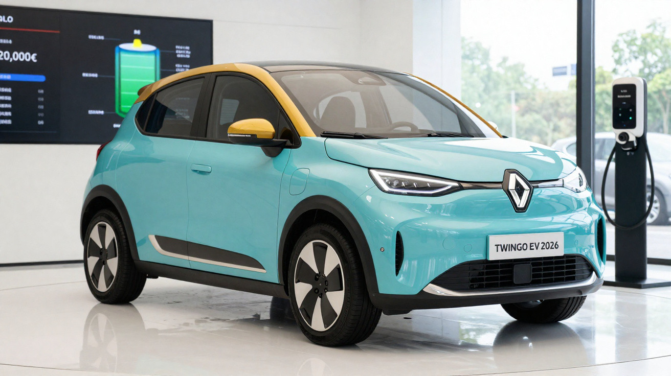 Carro elétrico Renault Twingo EV 2026 azul com teto amarelo em showroom com estação de carregamento elétrico.