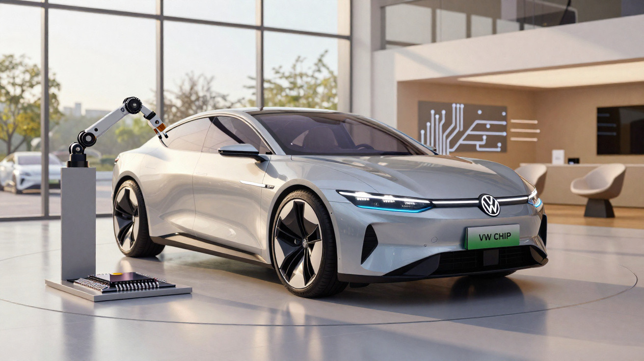 Carro elétrico prata da Volkswagen sendo equipado por braço robótico em ambiente moderno e iluminado.