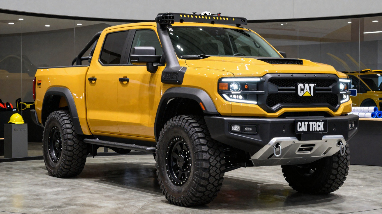 Picape amarela CAT TRK com pneus off-road e detalhes pretos, exibida em ambiente interno moderno.