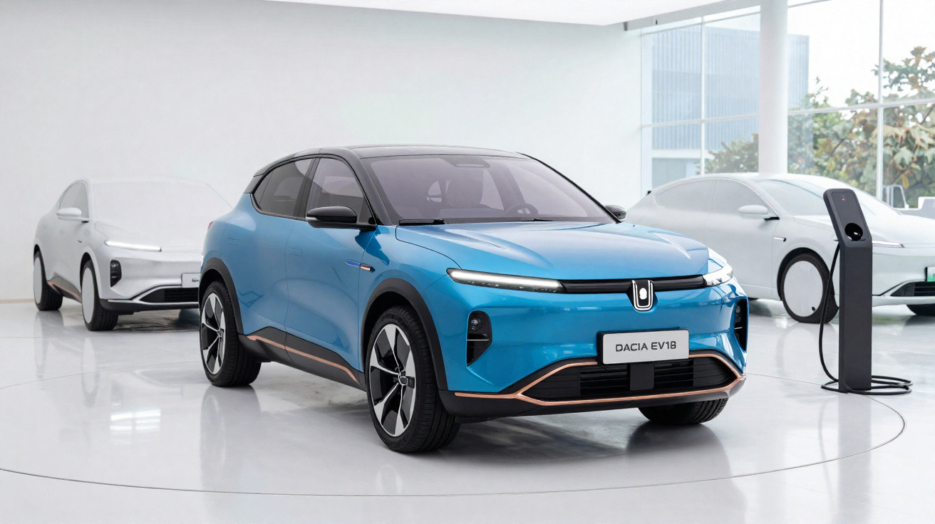 Carro elétrico azul Dacia EV1B em showroom moderno com veículo branco e estação de recarga.