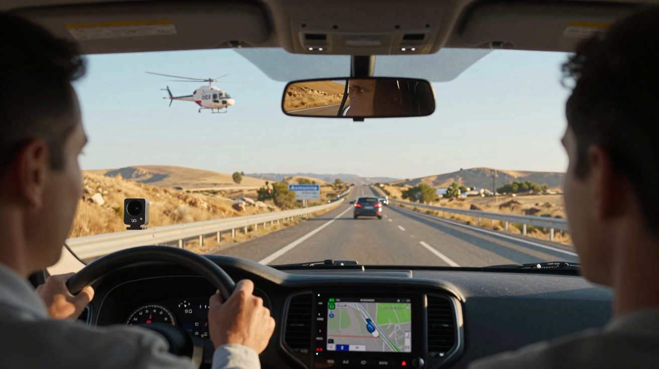 Interior de carro com motorista e passageiro, estrada reta, helicóptero voando e tela de GPS visível.
