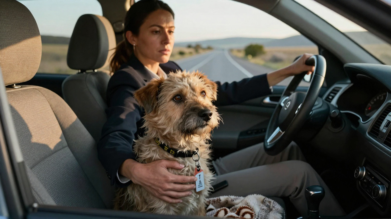 Mulher dirigindo carro com cachorro de pelos dourados no colo, estrada e paisagem ao fundo.