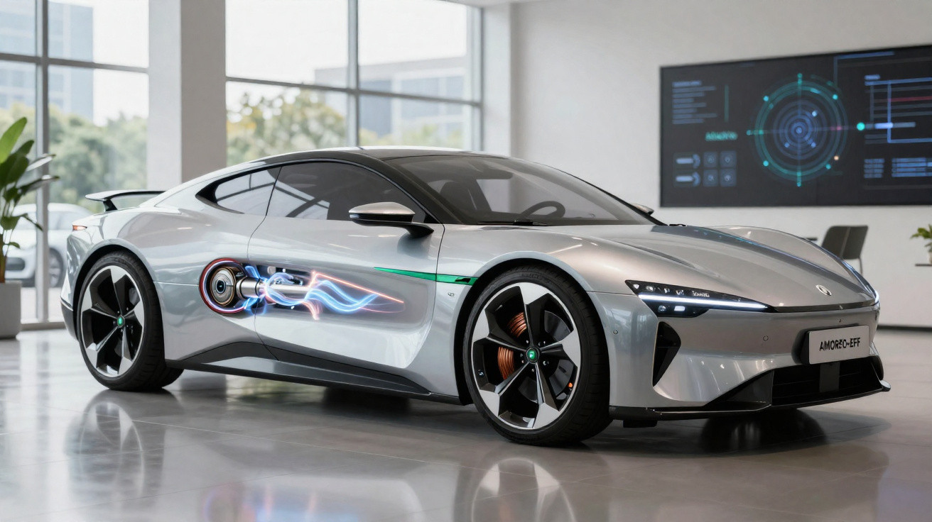 Carro esportivo elétrico prateado em exposição interna com efeito visual de fluxo de energia na lateral.