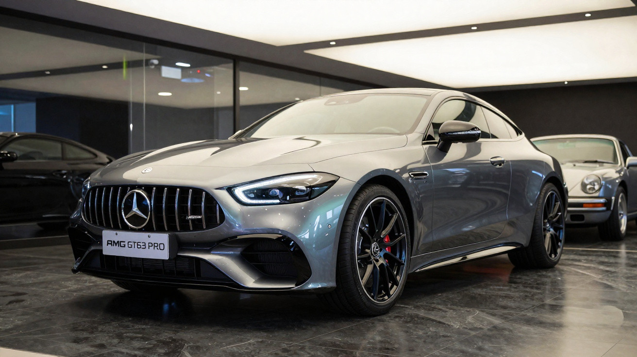 Carro esportivo Mercedes-Benz AMG GT63 PRO cinza em exposição em ambiente interno moderno.