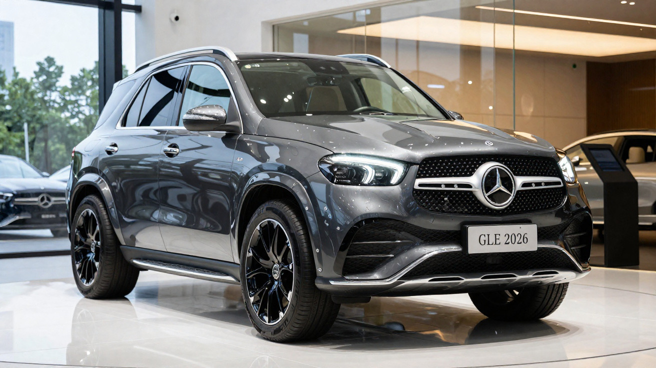 SUV cinza Mercedes-Benz GLE 2026 estacionado em showroom moderno com piso brilhante.