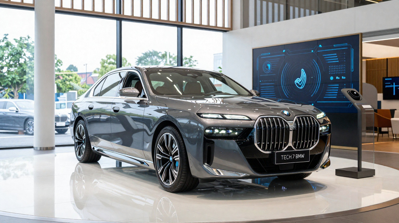 Carro sedan cinza BMW Tech 7 exibido em salão moderno com piso branco e tela digital ao fundo.