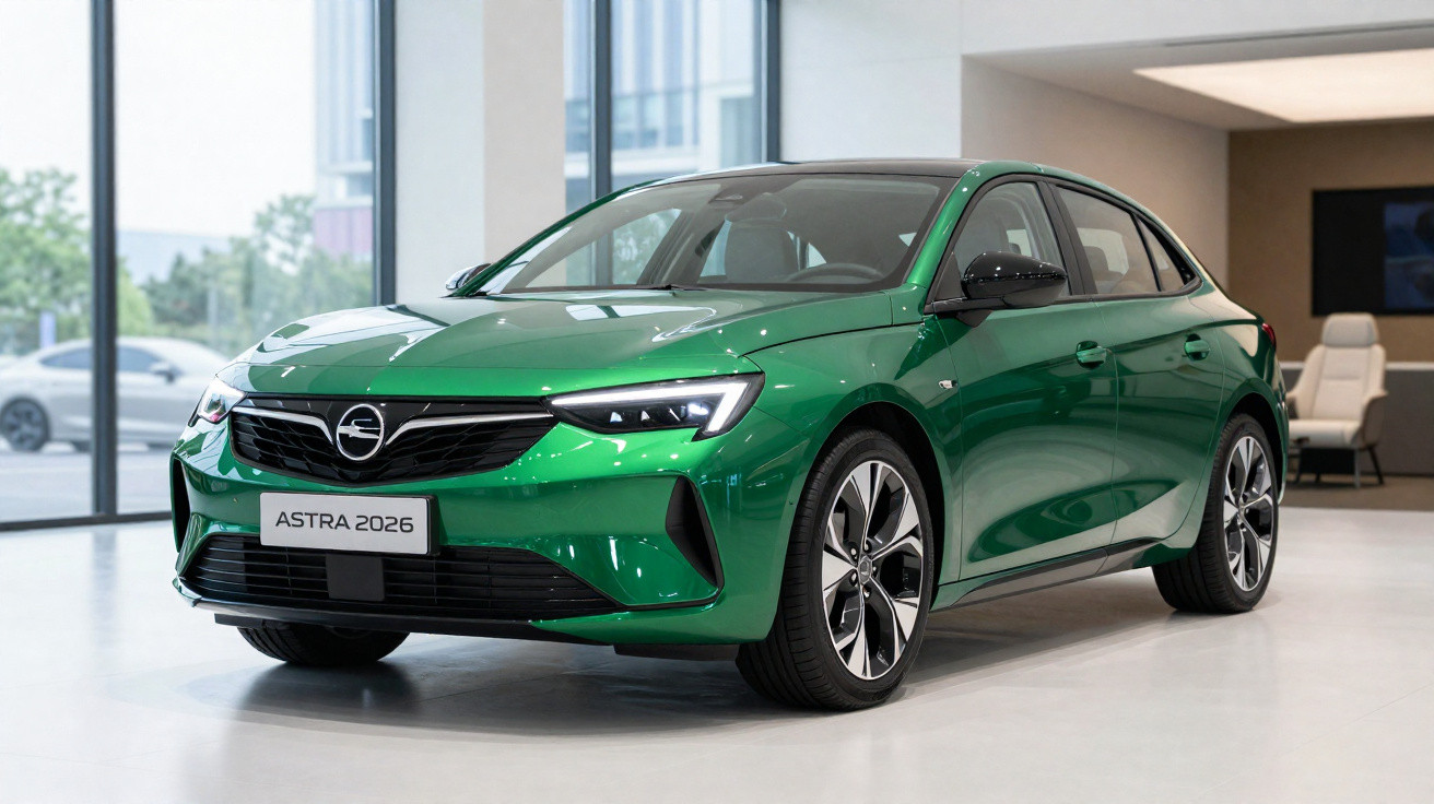 Carro verde Opel Astra 2026 em ambiente interno moderno e iluminado.