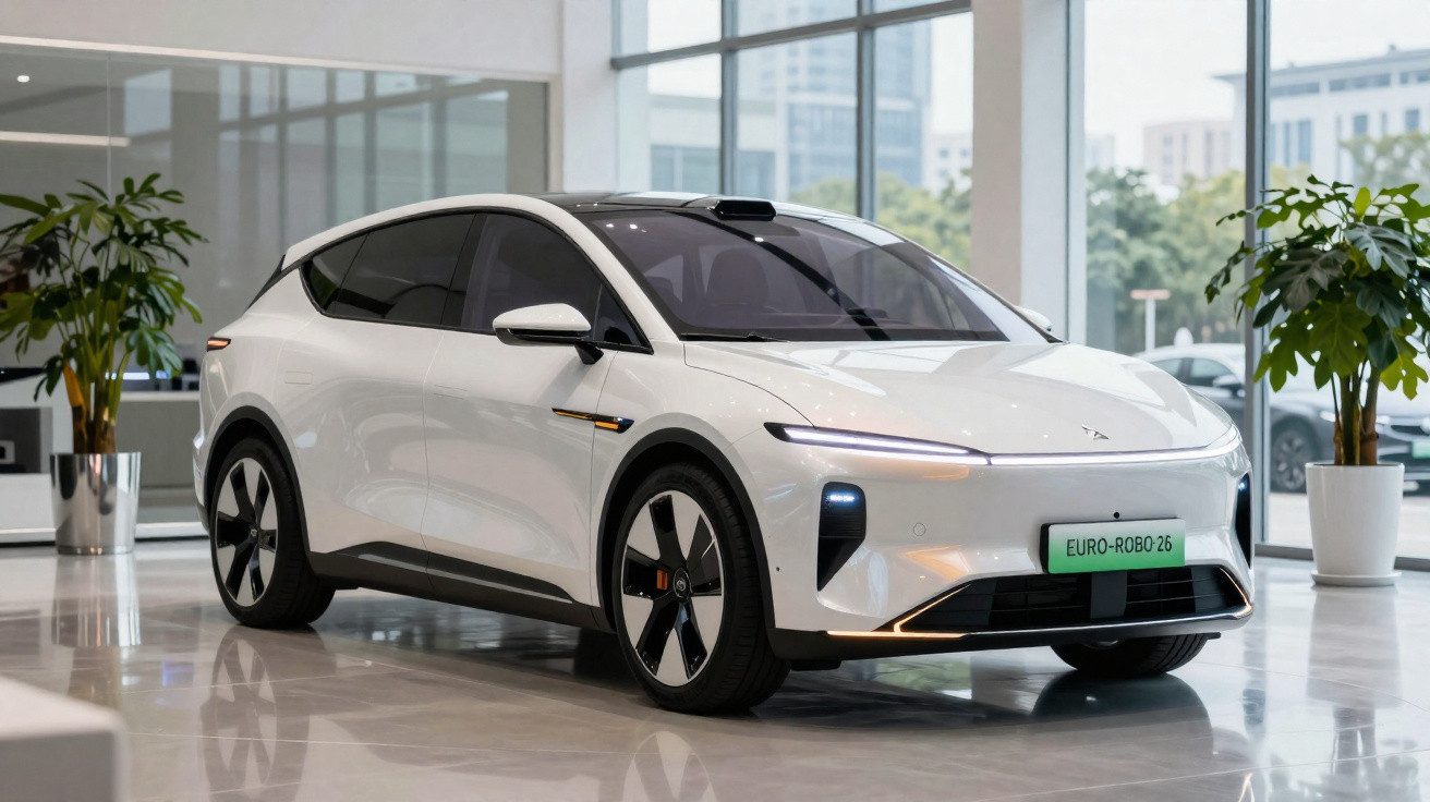 Carro elétrico branco moderno exposto em showroom com plantas e janelas grandes ao fundo.