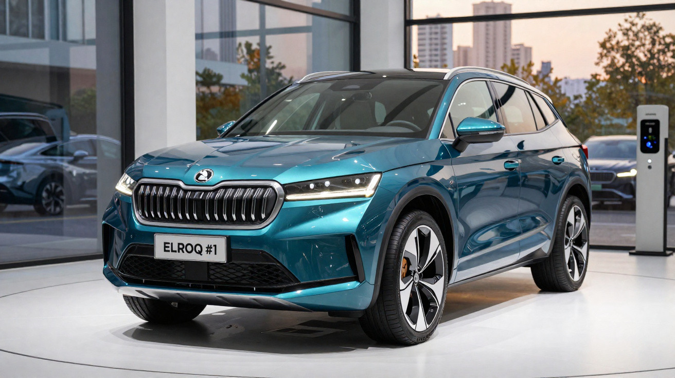 SUV elétrico azul Skoda Elroq em exposição, com estação de carregamento ao fundo.