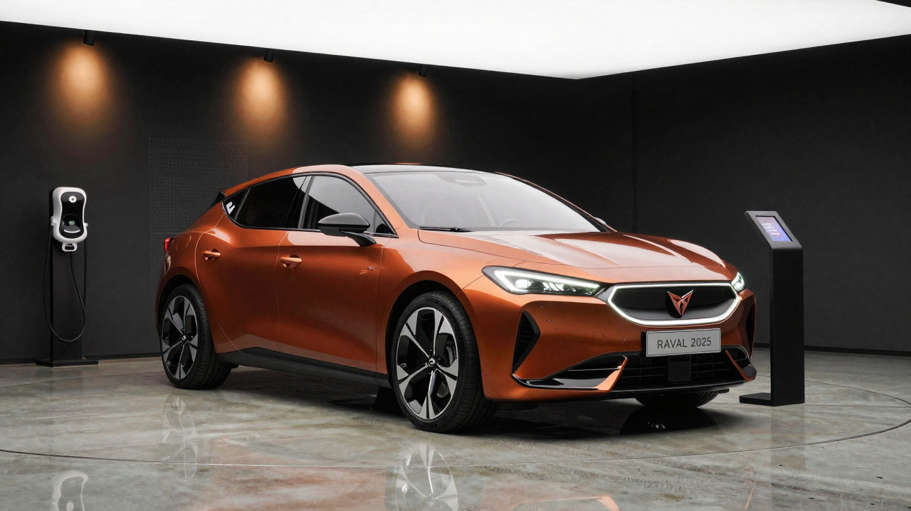 Carro elétrico laranja modelo Raval 2025 estacionado em sala com carregador ao fundo e painel digital ao lado.