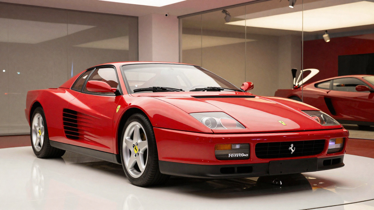 Carro esportivo Ferrari F355 vermelho exibido em ambiente interno com piso branco e espelhos nas paredes.