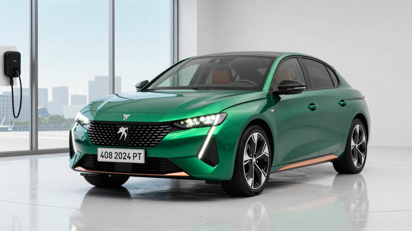 Carro verde elétrico Peugeot 408 2024 estacionado em ambiente interno ao lado de carregador.