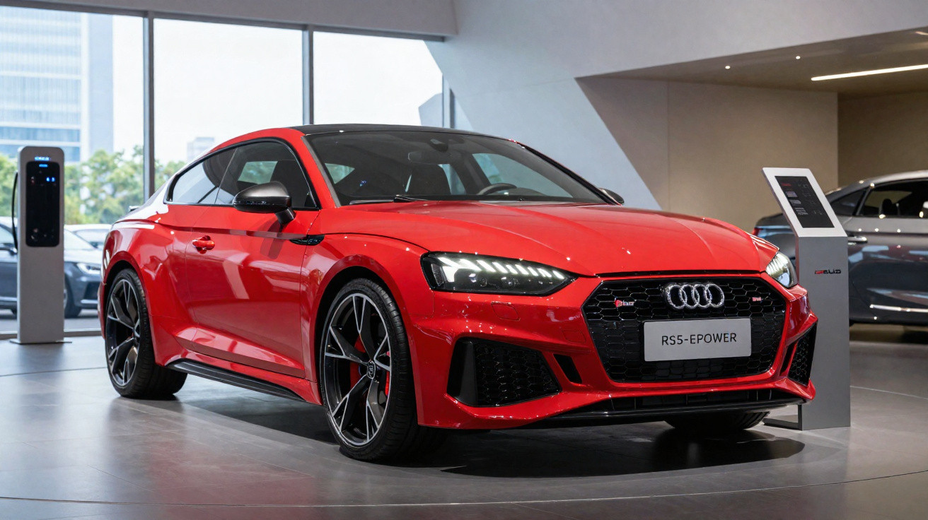 Carro esportivo Audi RS5 E-Power vermelho em exposição interna com painel digital ao lado.