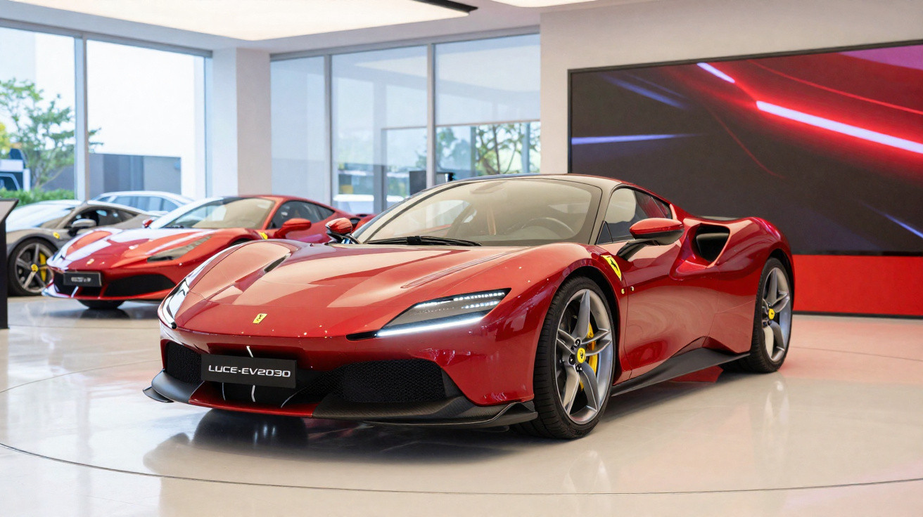 Carro esportivo Ferrari vermelho em exposição dentro de showroom com iluminação moderna.