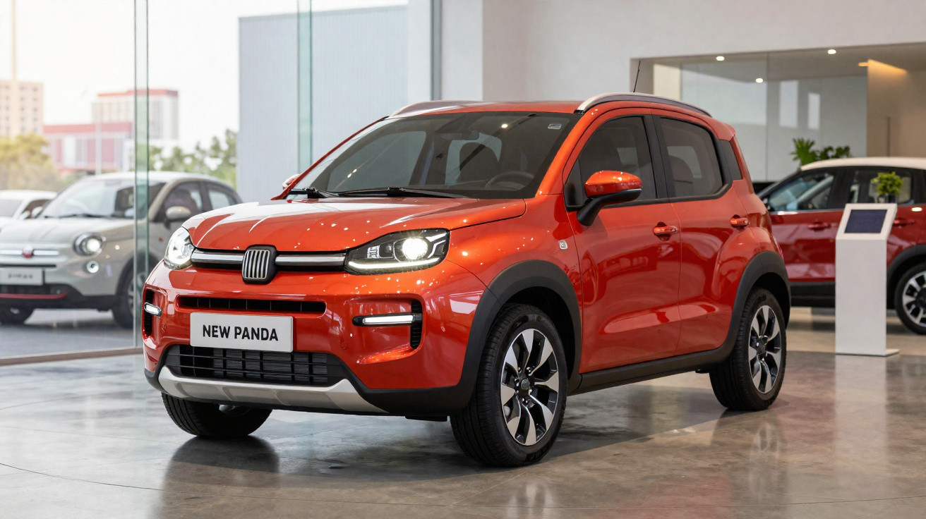 Carro vermelho Fiat New Panda exibido em showroom moderno com piso de cimento polido.