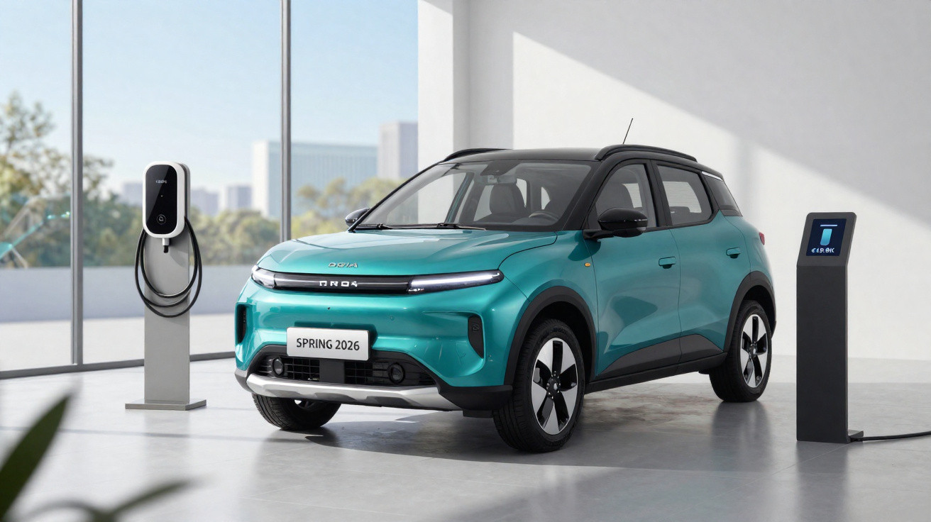 Carro elétrico azul com teto preto estacionado perto de estação de carregamento em ambiente moderno.
