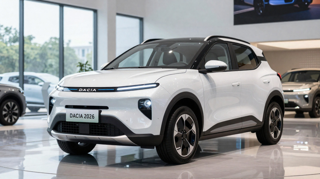 Carro elétrico branco Dacia 2026 em exposição dentro de showroom moderno e iluminado.