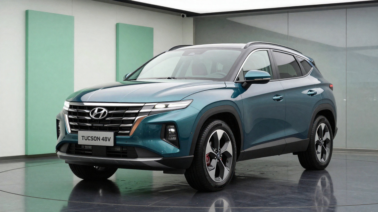SUV Hyundai Tucson 48V azul exibido em ambiente interno com iluminação branca e paredes claras.