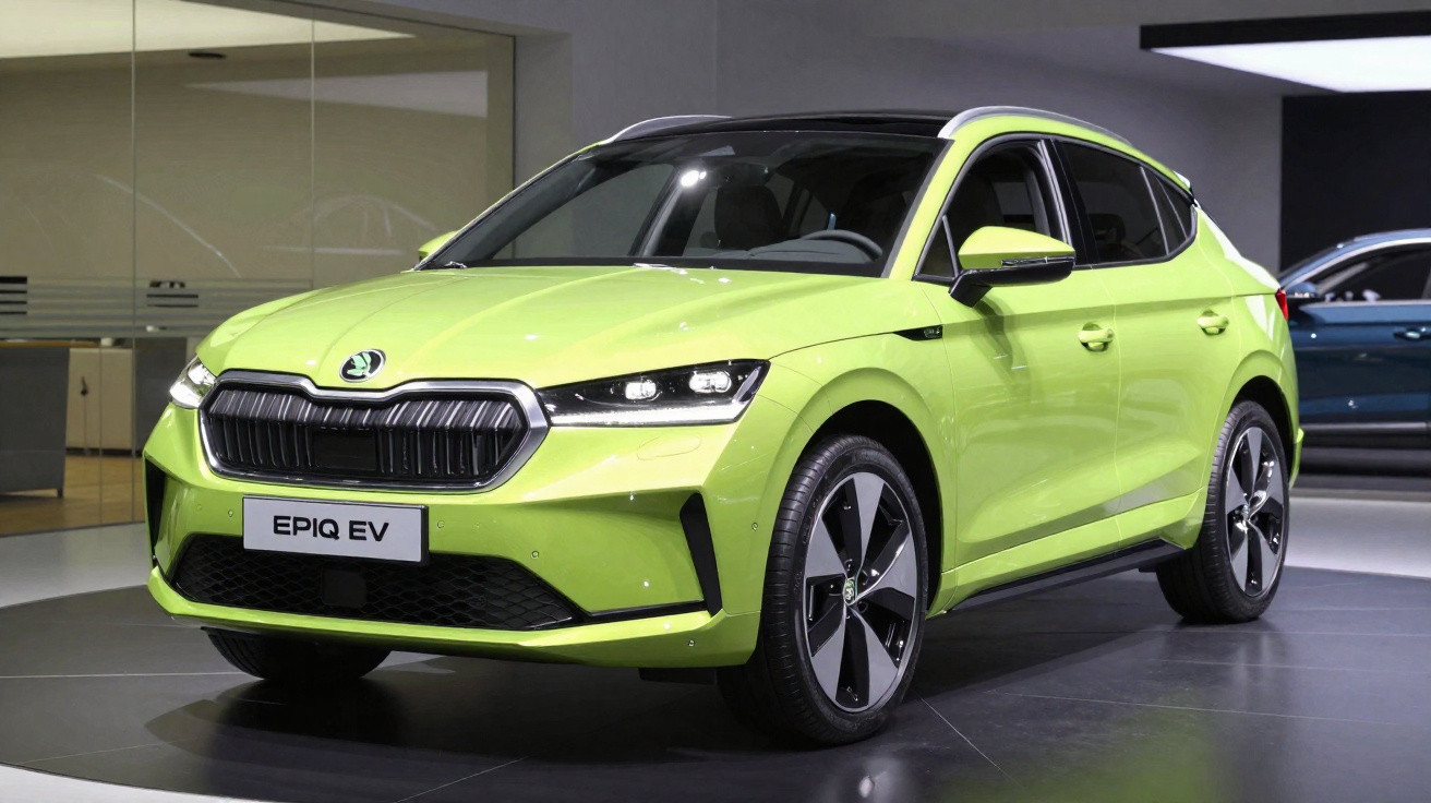 Carro elétrico Škoda EPIQ EV verde limão em exposição com teto preto e rodas modernas.