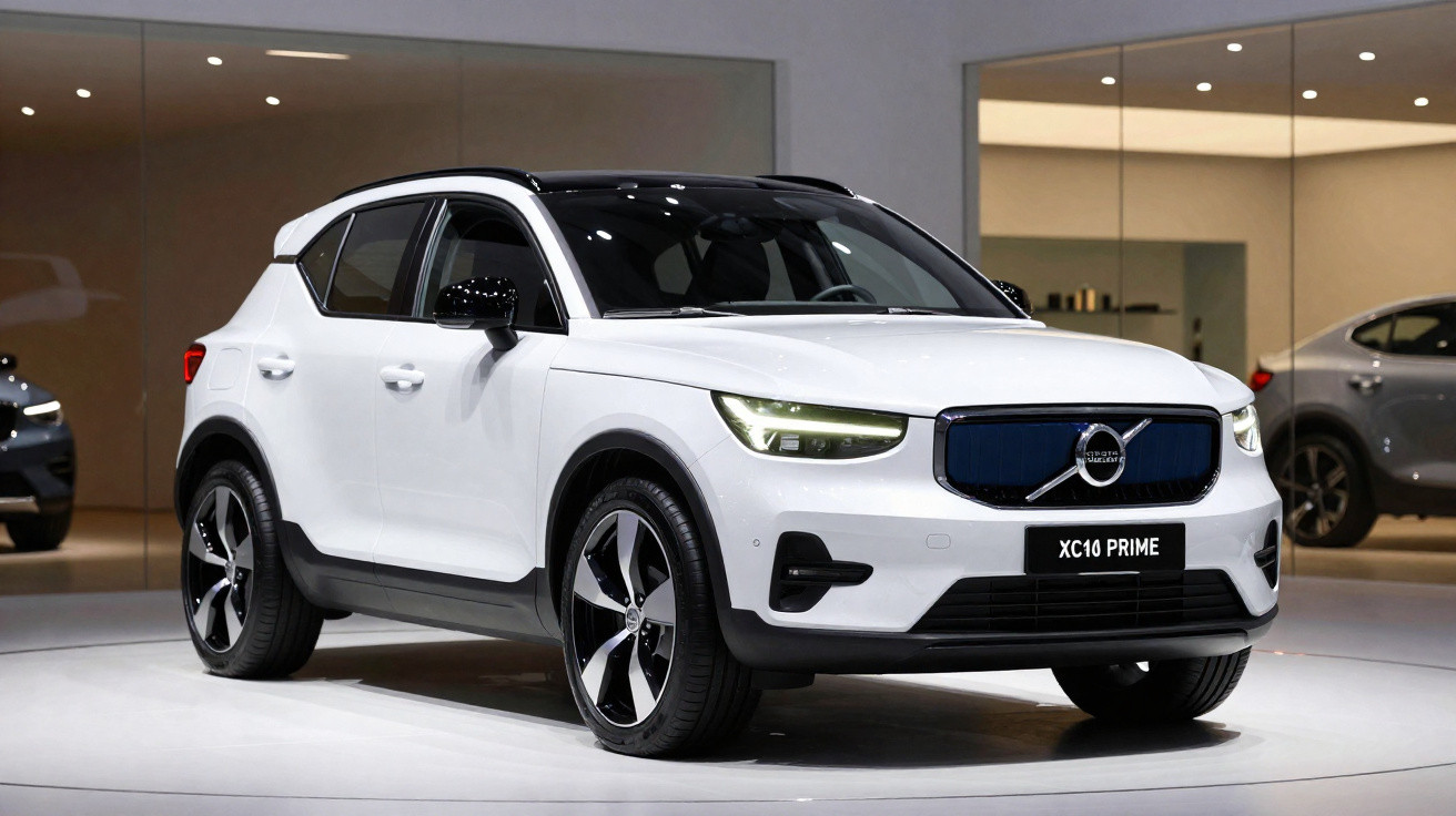 Carro SUV branco Volvo XC10 Prime exposto em showroom moderno com iluminação intensa.