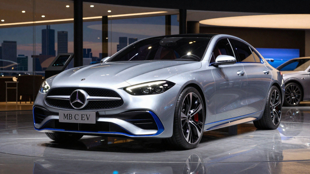 Carro elétrico Mercedes-Benz prata exposto em salão de automóveis moderno.