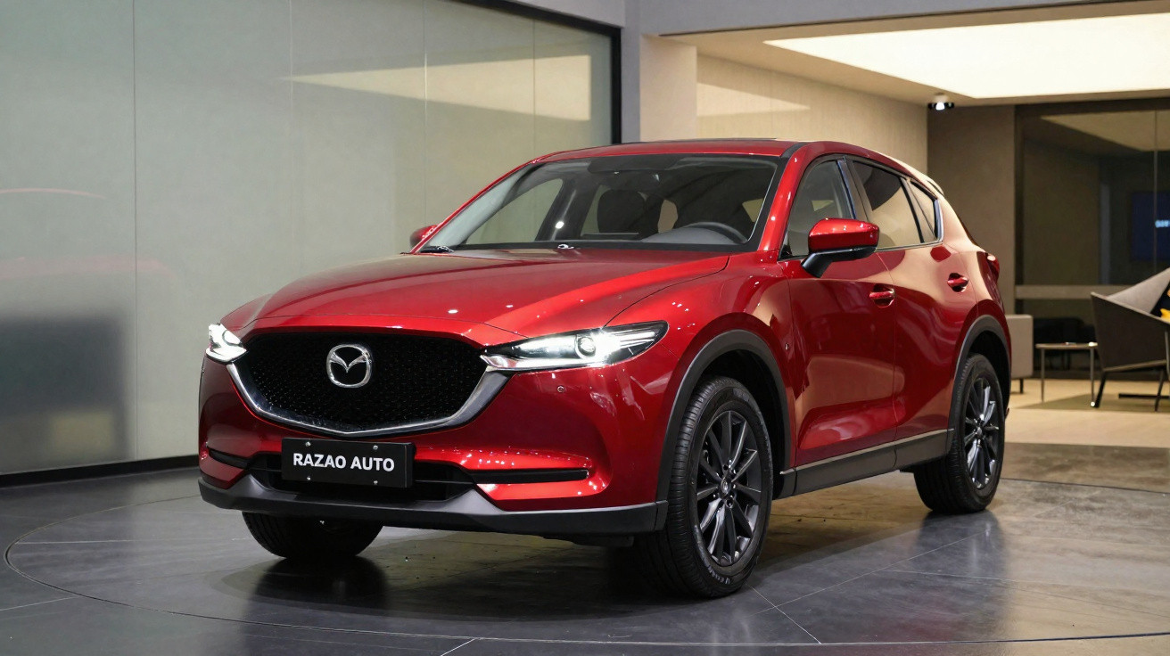 Carro SUV vermelho da Mazda em exposição interna sob luzes brilhantes.
