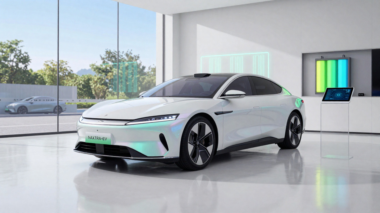 Carro elétrico branco moderno estacionado em showroom com paredes de vidro e tela digital ao lado.